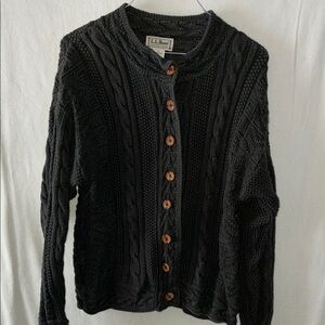 L.L. Bean Green Cable Knit Cardigan with Wooden Buttons